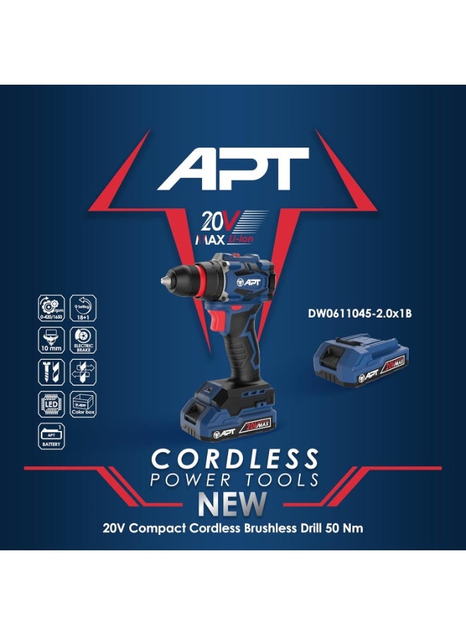 Apt Cordless Brushed Drill 20V- 2Ah 10mm 50N.m Plastic chuck Model APT DW0611045-2.0x2BMC - Image 4